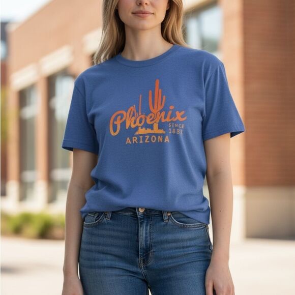 Blue Graphic Tee with Orange Print - Picture 1 of 3
